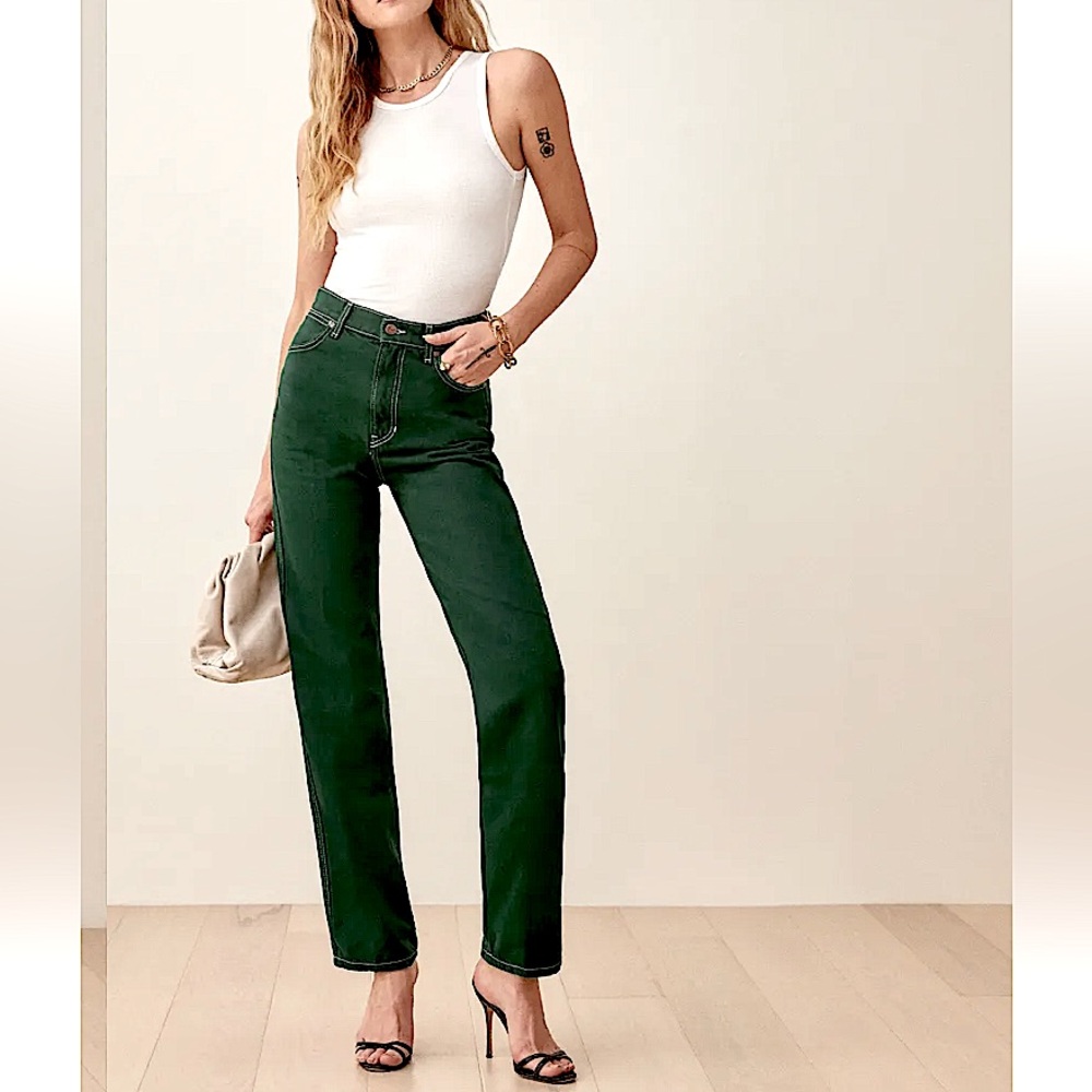 Reformation Cowboy High Rise Straight Jeans Emerald Green 28